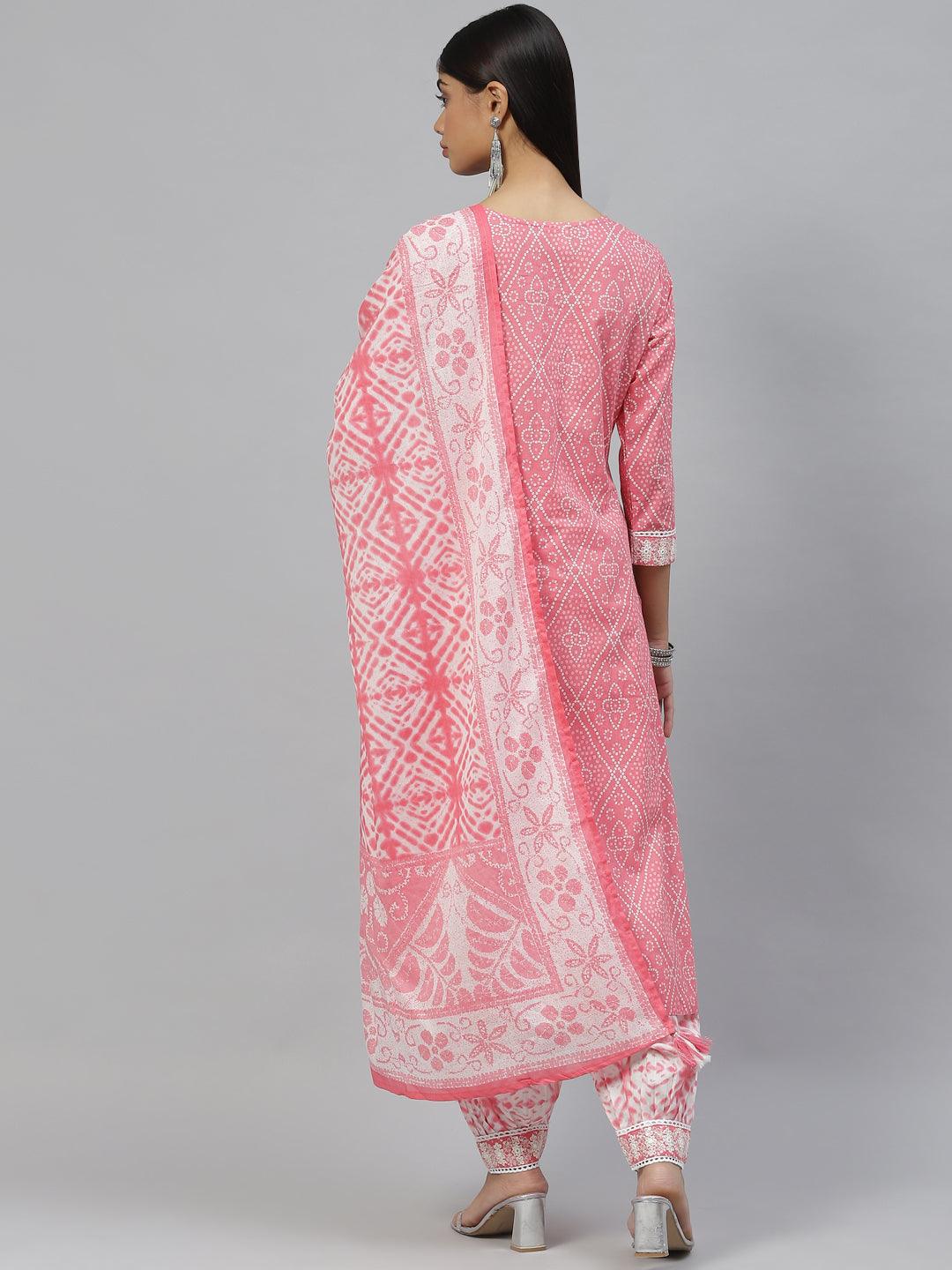 Pink Bandhani Printed Kurta Pant Set with Dupatta For Women