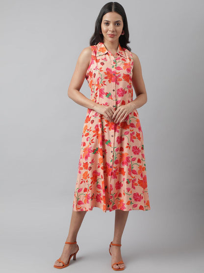 Party Wear Rayon Peach A-Line Floral Printed Midi Dress