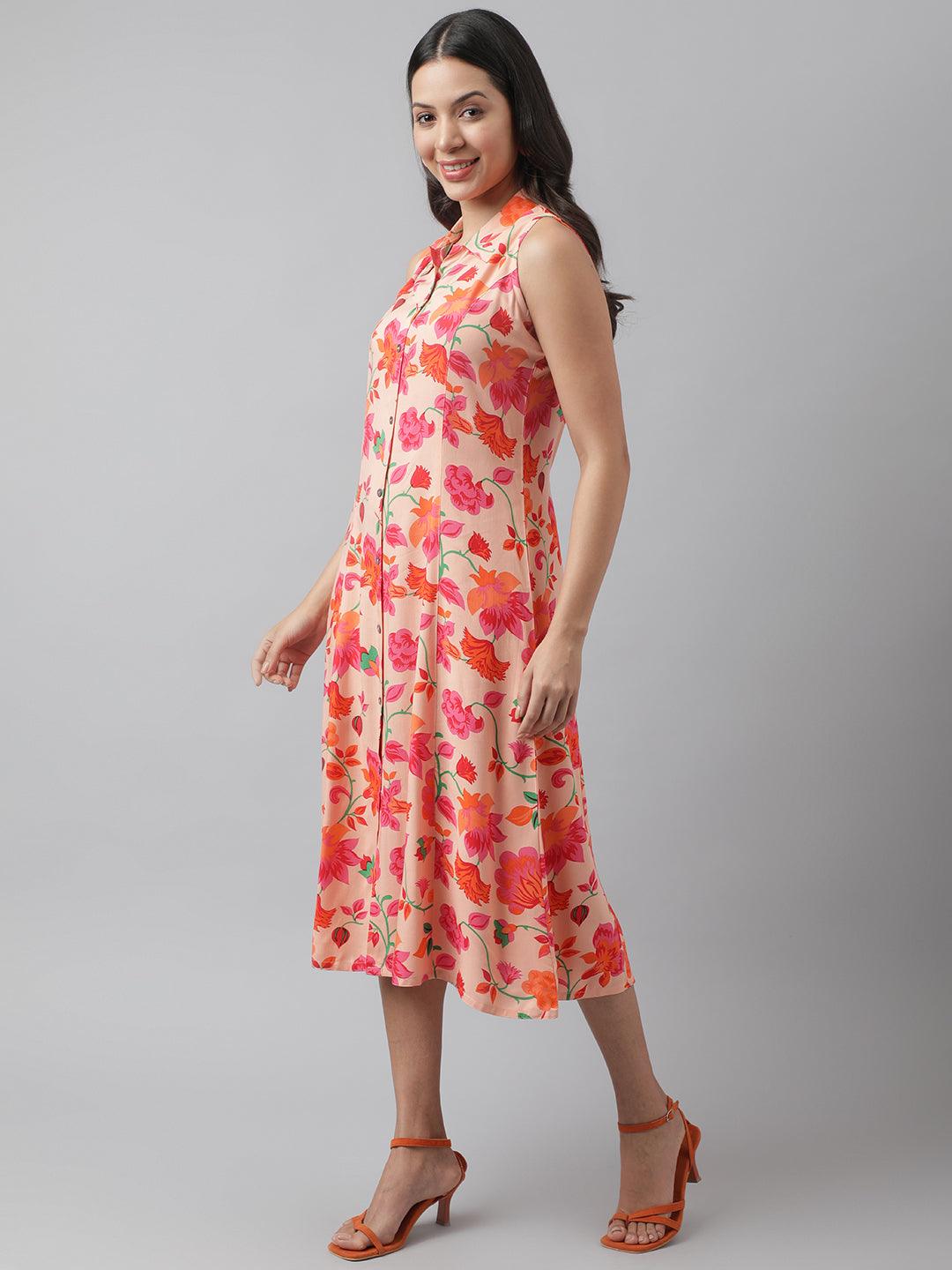 Divena Rayon Peach A-Line Floral Printed Midi Dress