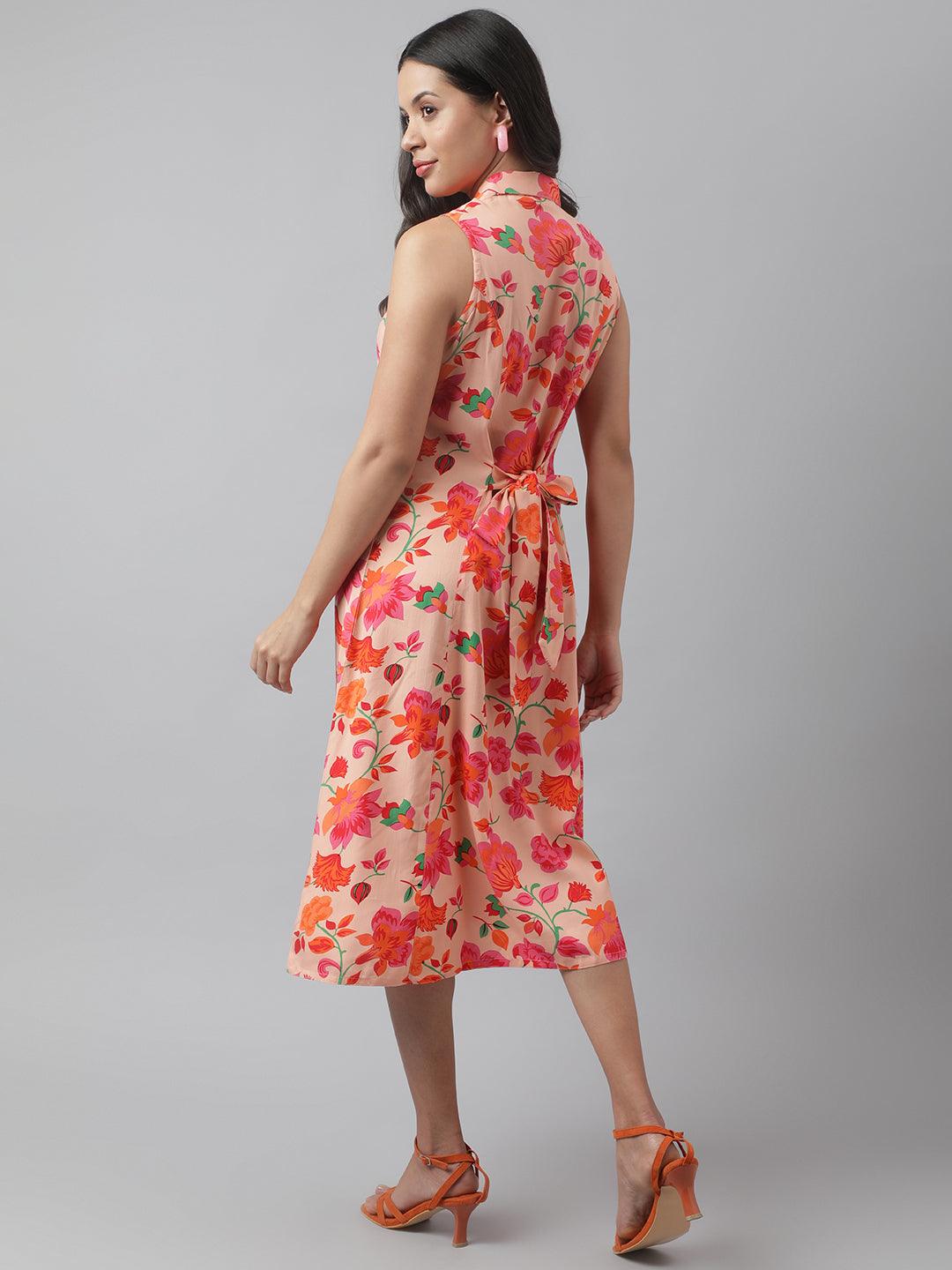 Divena Rayon Peach A-Line Floral Printed Midi Dress