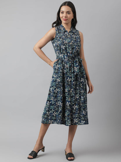 Rayon Navy Blue A-Line Floral Printed Party Wear Midi Dress