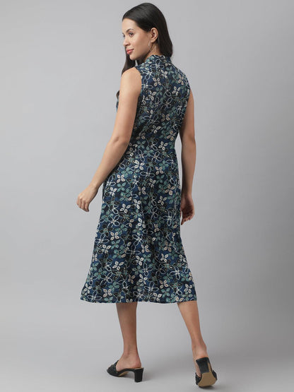 Rayon Navy Blue A-Line Floral Printed Party Wear Midi Dress