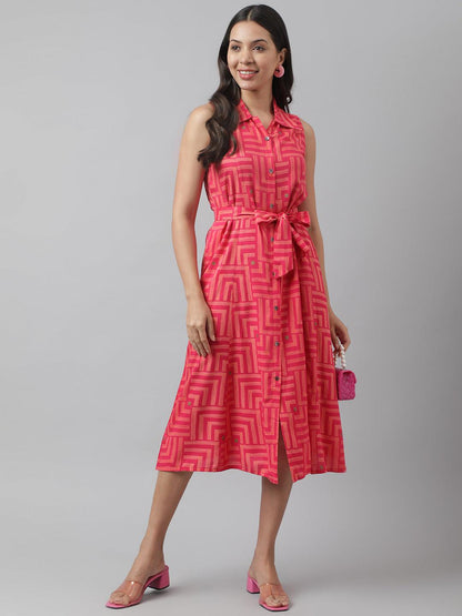 Rayon Pink A-Line Floral Printed Party Wear Midi Dress