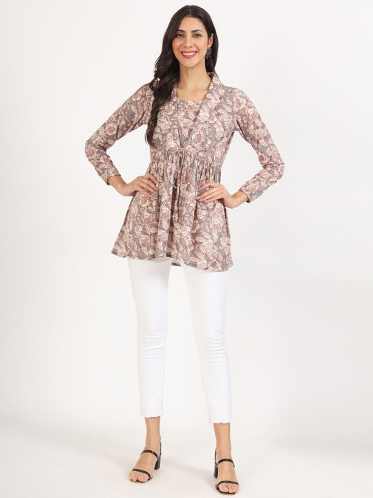 Ethnic Grey Floral Printed Cotton Top