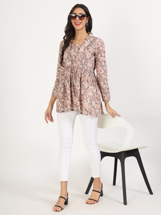 Ethnic Grey Floral Printed Cotton Top