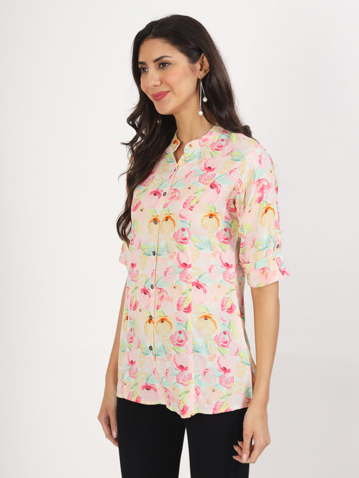 Ethnic Green Floral Printed Rayon Top