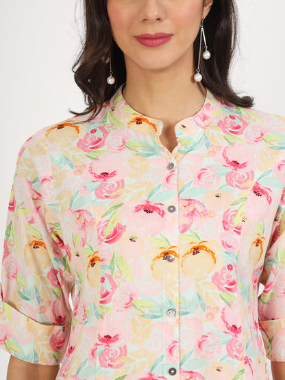 Ethnic Green Floral Printed Rayon Top