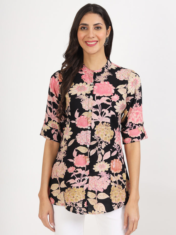 Black Floral Printed Rayon Top