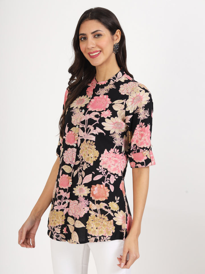 Black Floral Printed Rayon Top