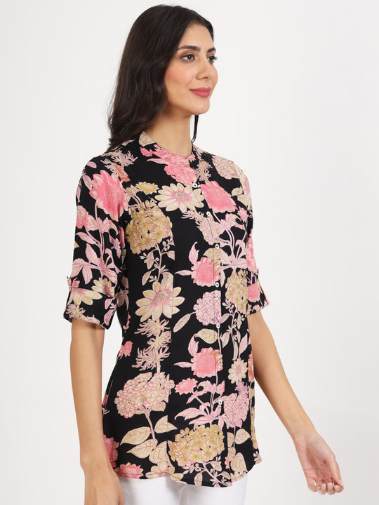 Black Floral Printed Rayon Top