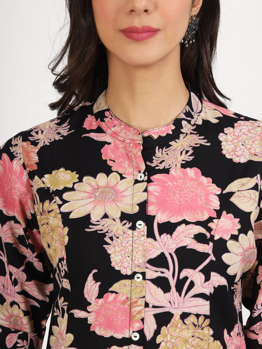 Black Floral Printed Rayon Top