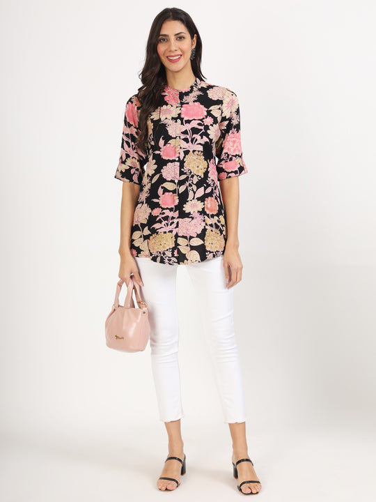 Black Floral Printed Rayon Top