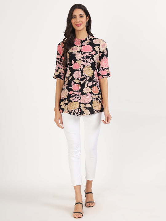 Black Floral Printed Rayon Top