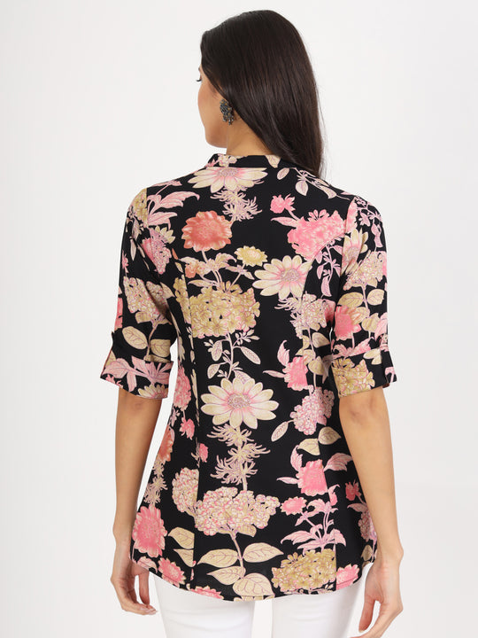 Black Floral Printed Rayon Top