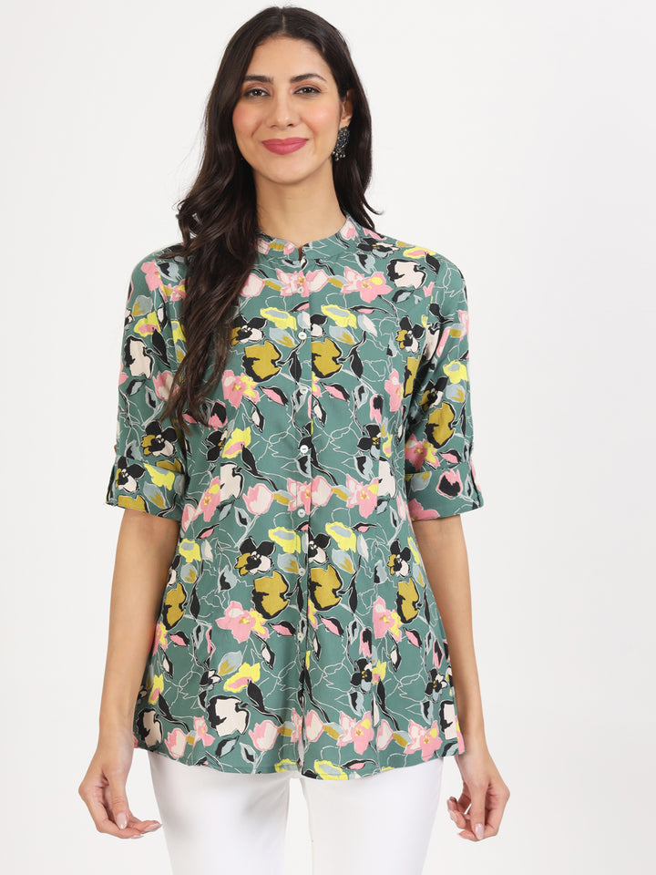 Ethnic Green Pink Floral Printed Rayon Top For Women