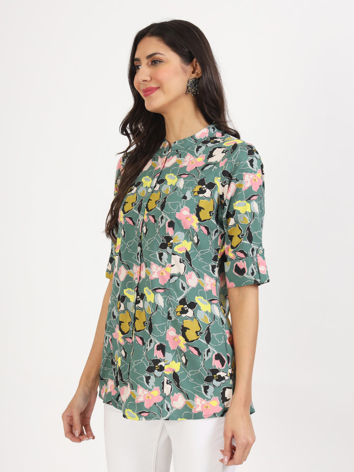 Ethnic Green Pink Floral Printed Rayon Top For Women