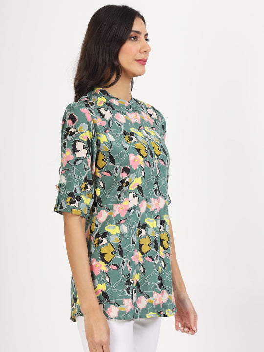 Ethnic Green Pink Floral Printed Rayon Top For Women