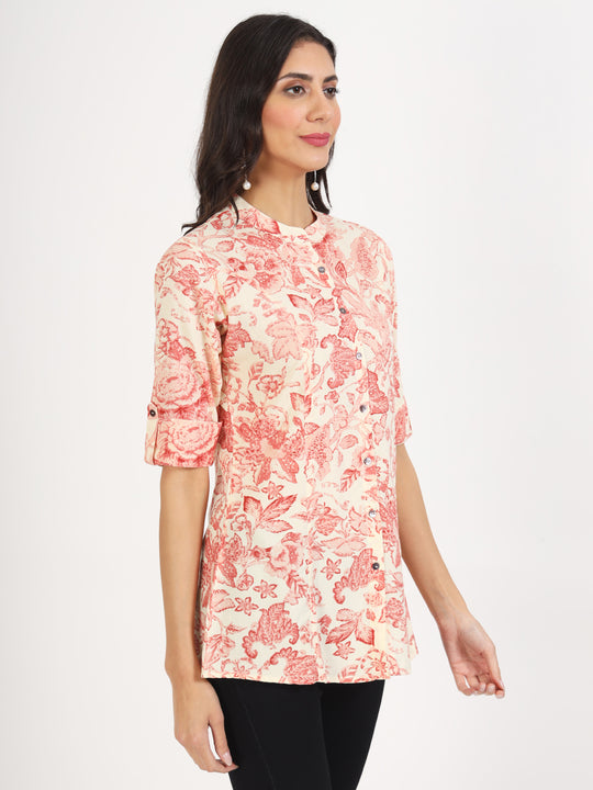 Ethnic Cream Floral Printed Rayon Top