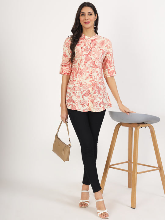 Ethnic Cream Floral Printed Rayon Top