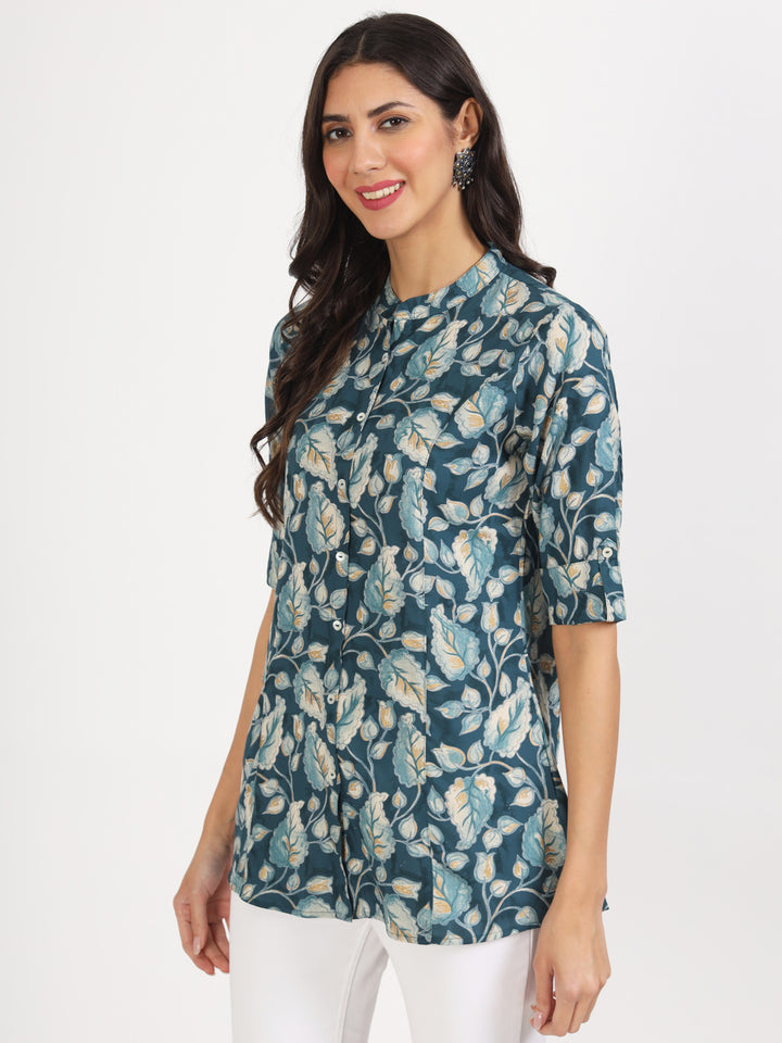 Bottle Green Floral Printed Rayon Top