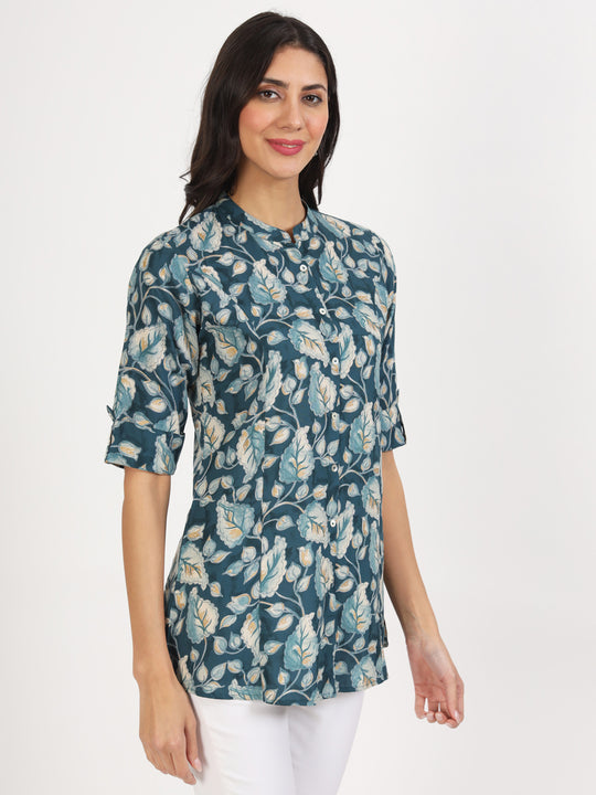 Bottle Green Floral Printed Rayon Top