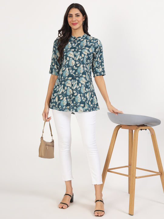 Bottle Green Floral Printed Rayon Top