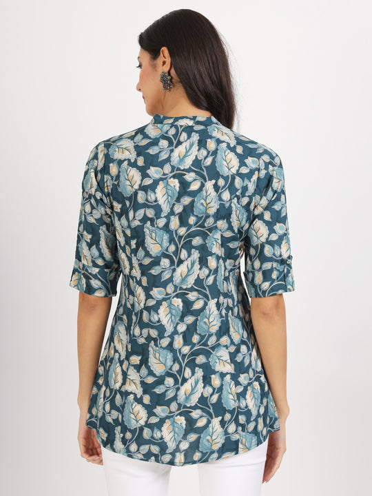 Bottle Green Floral Printed Rayon Top