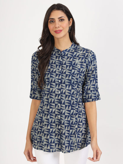 Blue Floral Printed Cotton Top