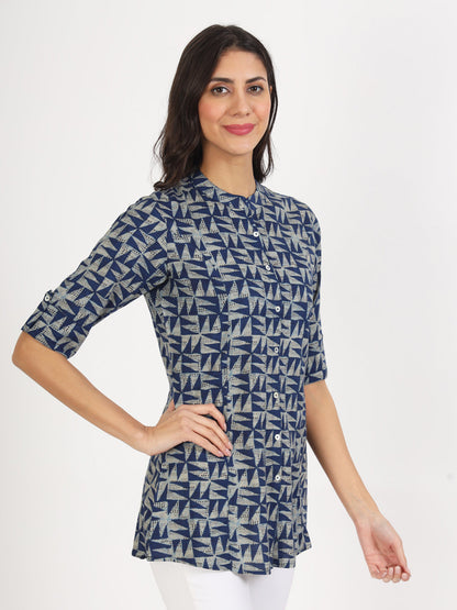 Blue Floral Printed Cotton Top