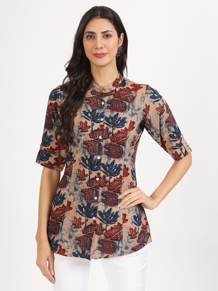 Beige Multi Floral Printed Rayon Top