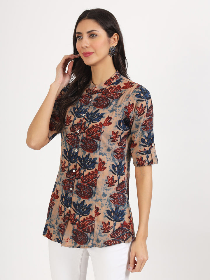 Beige Multi Floral Printed Rayon Top