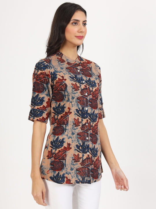 Beige Multi Floral Printed Rayon Top