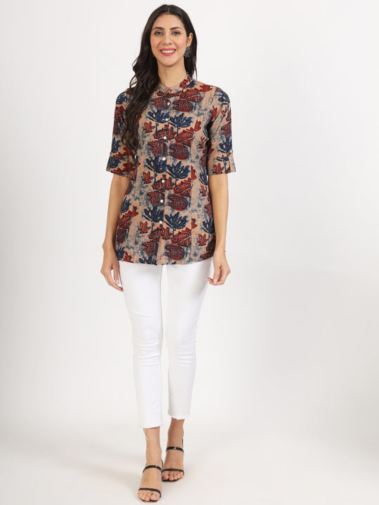 Beige Multi Floral Printed Rayon Top