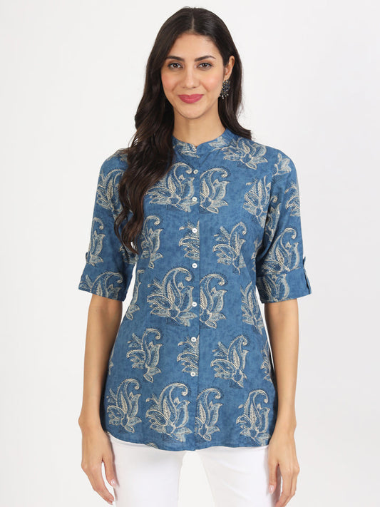 Blue Floral Printed Rayon Top