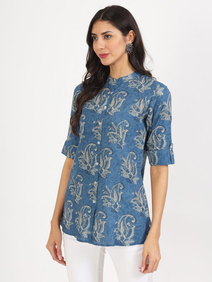 Blue Floral Printed Rayon Top