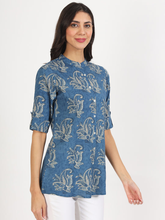 Blue Floral Printed Rayon Top