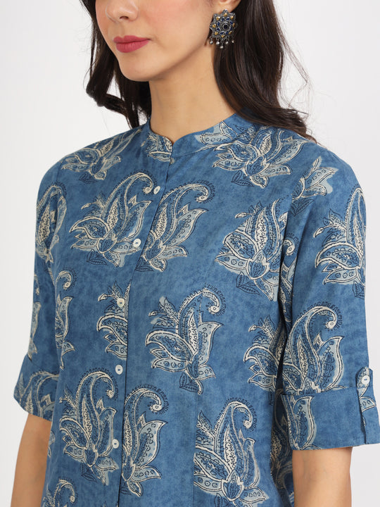 Blue Floral Printed Rayon Top