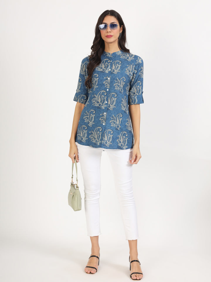 Blue Floral Printed Rayon Top