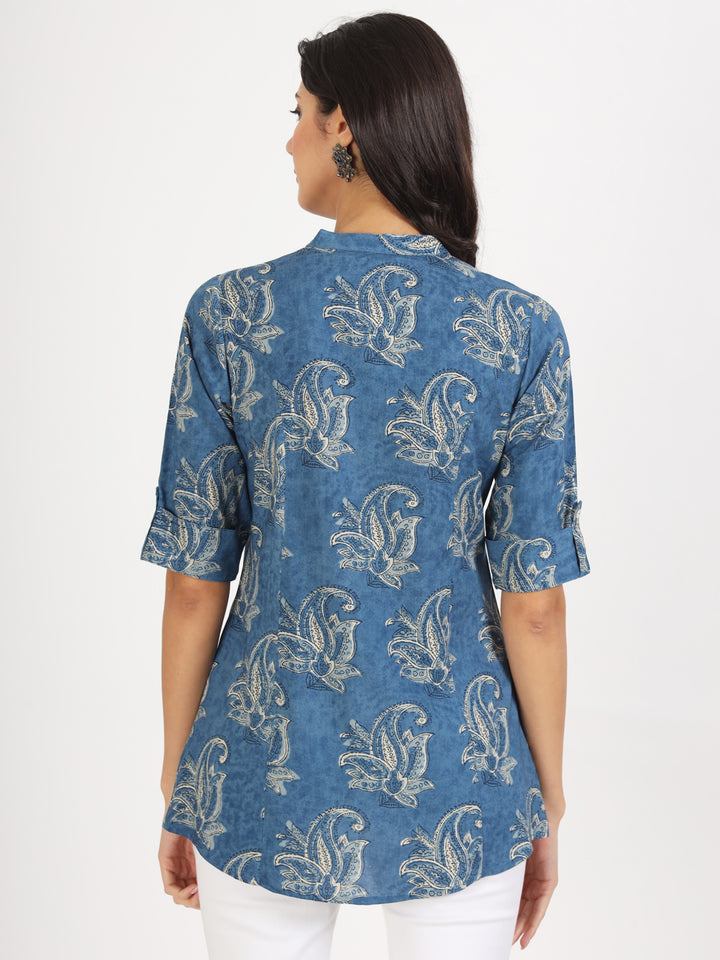 Blue Floral Printed Rayon Top