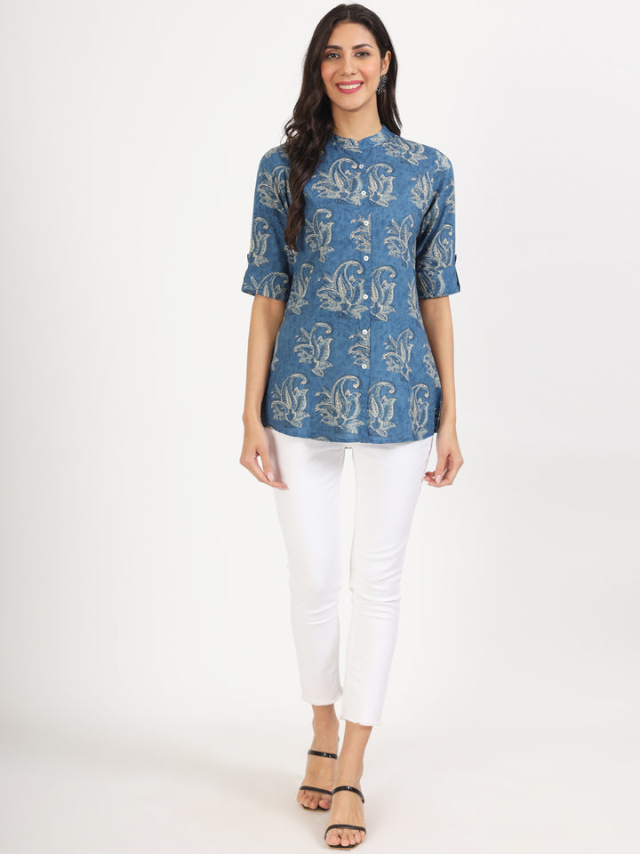 Blue Floral Printed Rayon Top