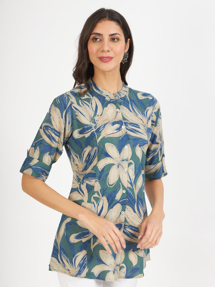 Green Blue Floral Printed Rayon Top