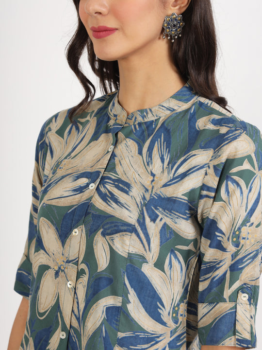 Green Blue Floral Printed Rayon Top