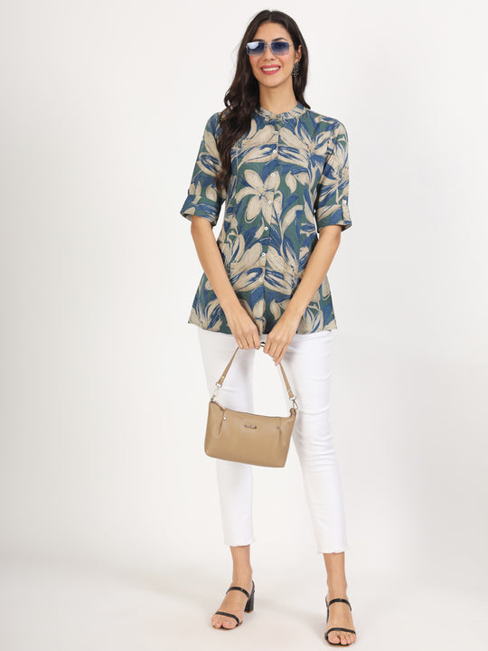 Green Blue Floral Printed Rayon Top