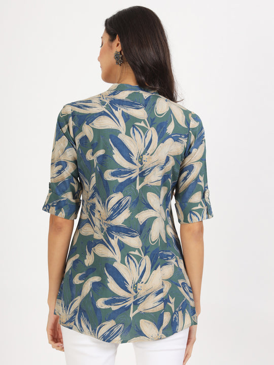 Green Blue Floral Printed Rayon Top