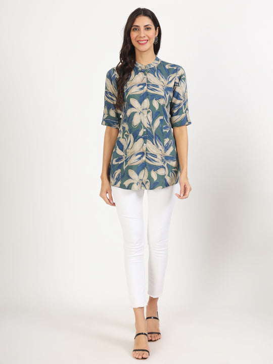 Green Blue Floral Printed Rayon Top