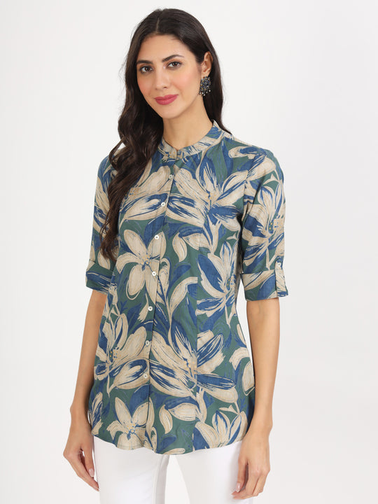 Green Blue Floral Printed Rayon Top