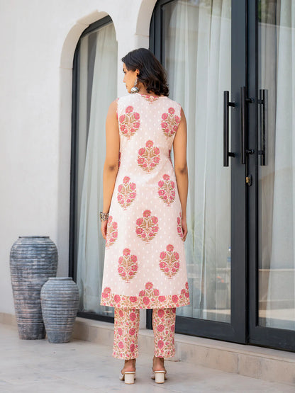 Ethnic Pink Floral Printed Straight Fit Kurta Sets