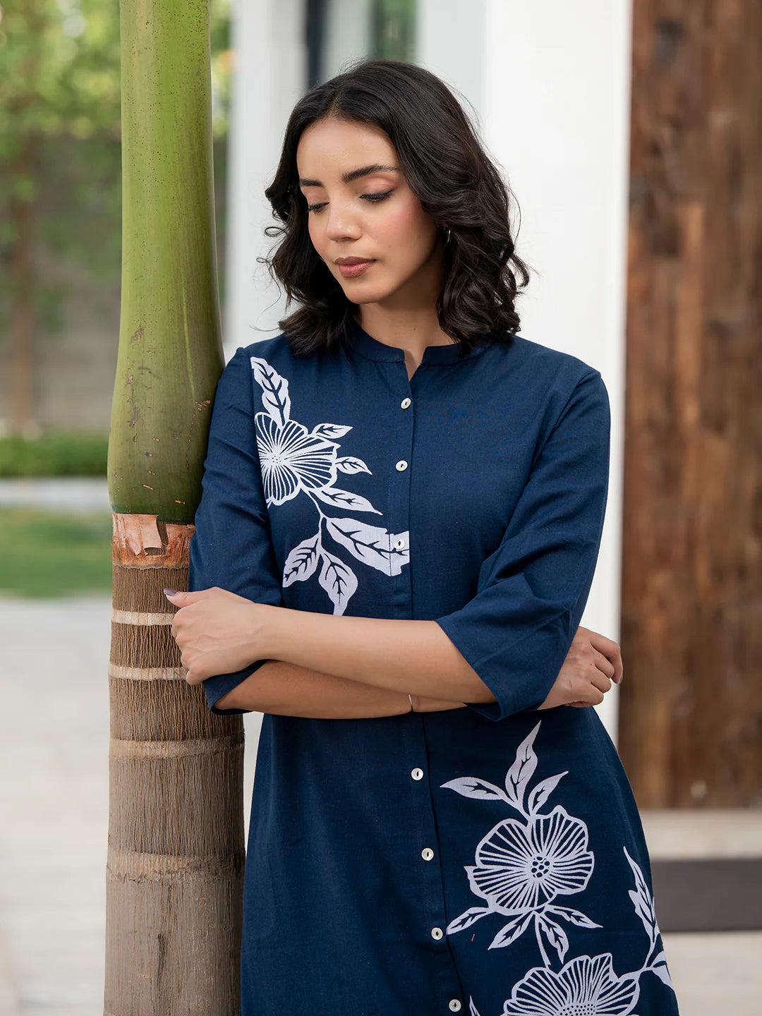 Navy Blue Cotton Floral Printed A-Line Ethnic Kurta Sets