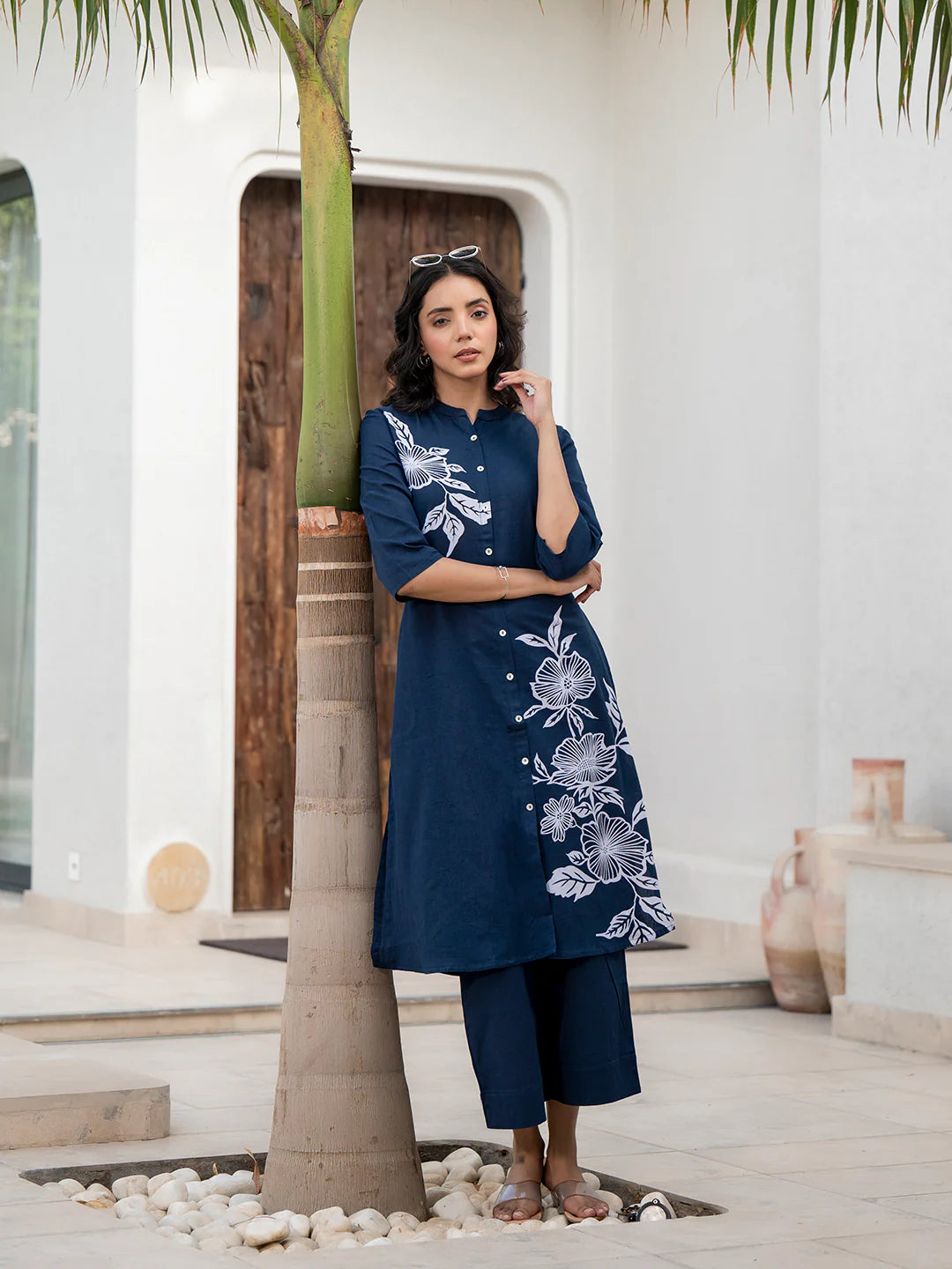 Navy Blue Cotton Floral Printed A-Line Ethnic Kurta Sets