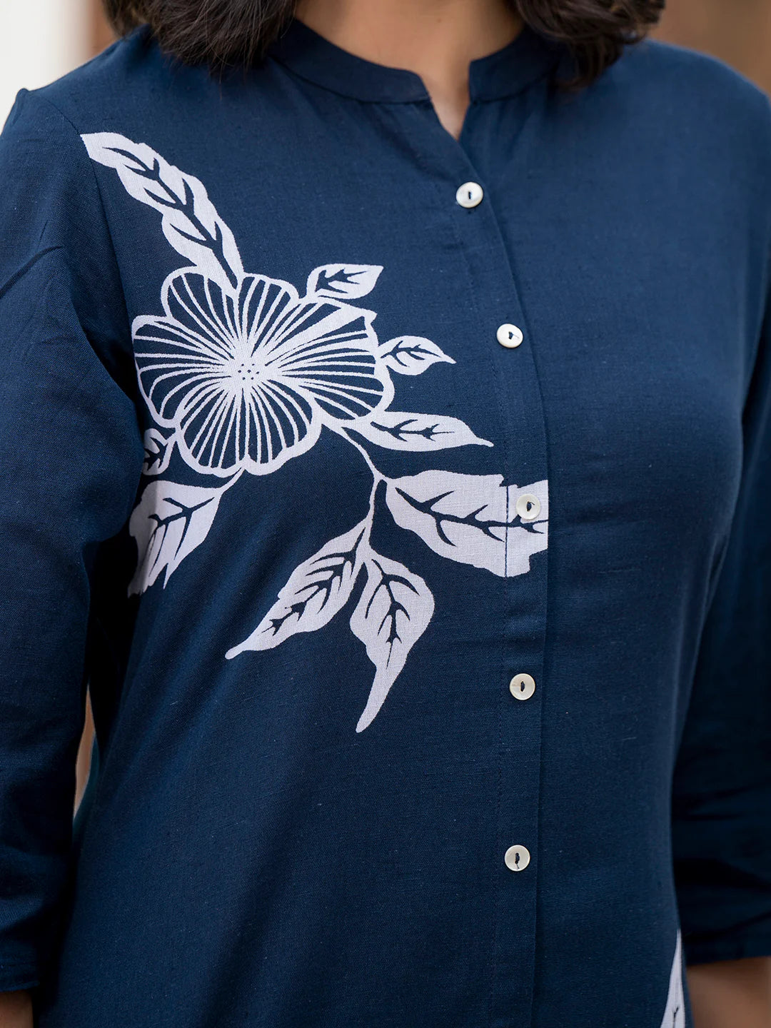 Navy Blue Cotton Floral Printed A-Line Ethnic Kurta Sets